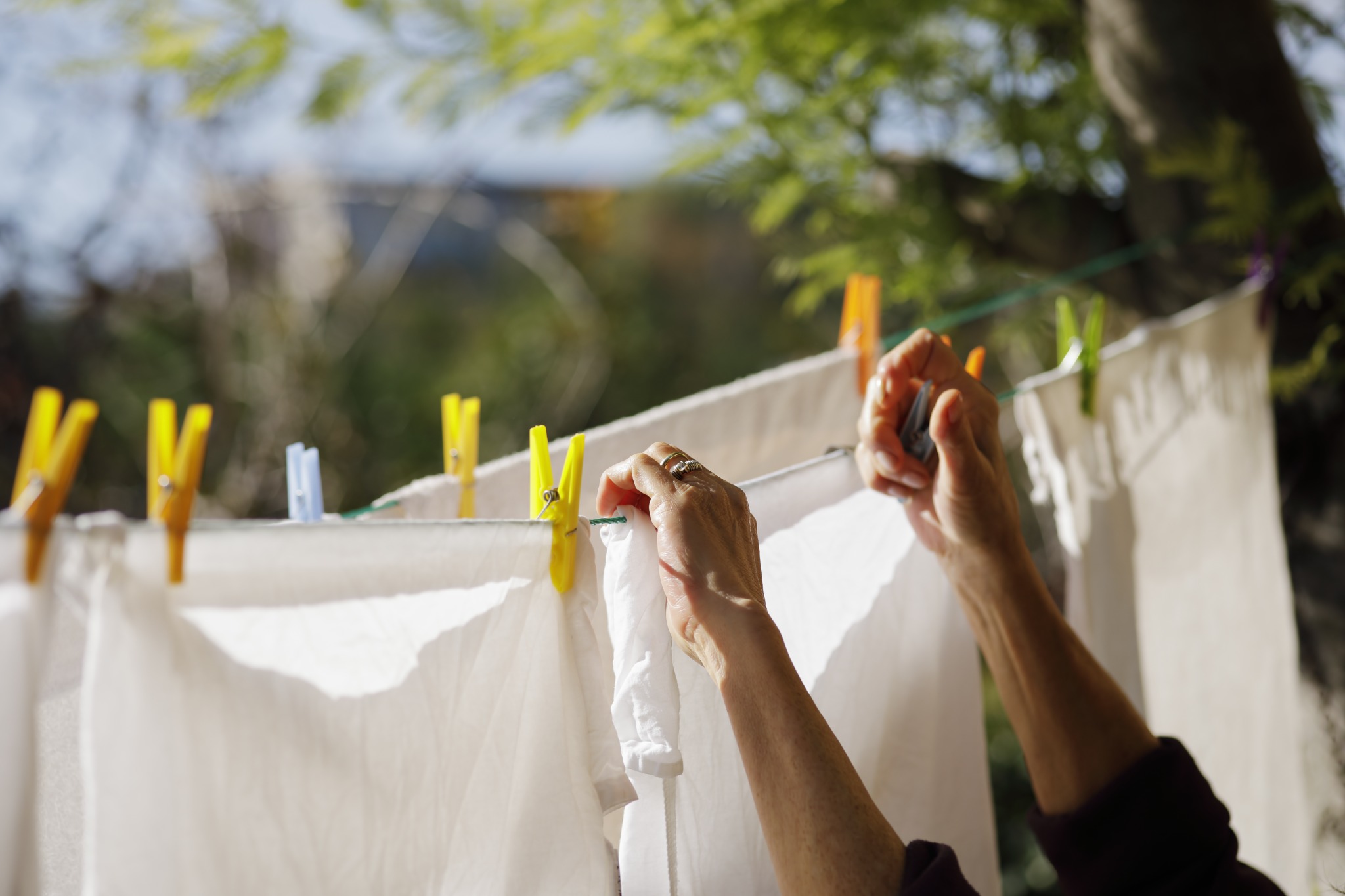 Utility line being used as a clothesline